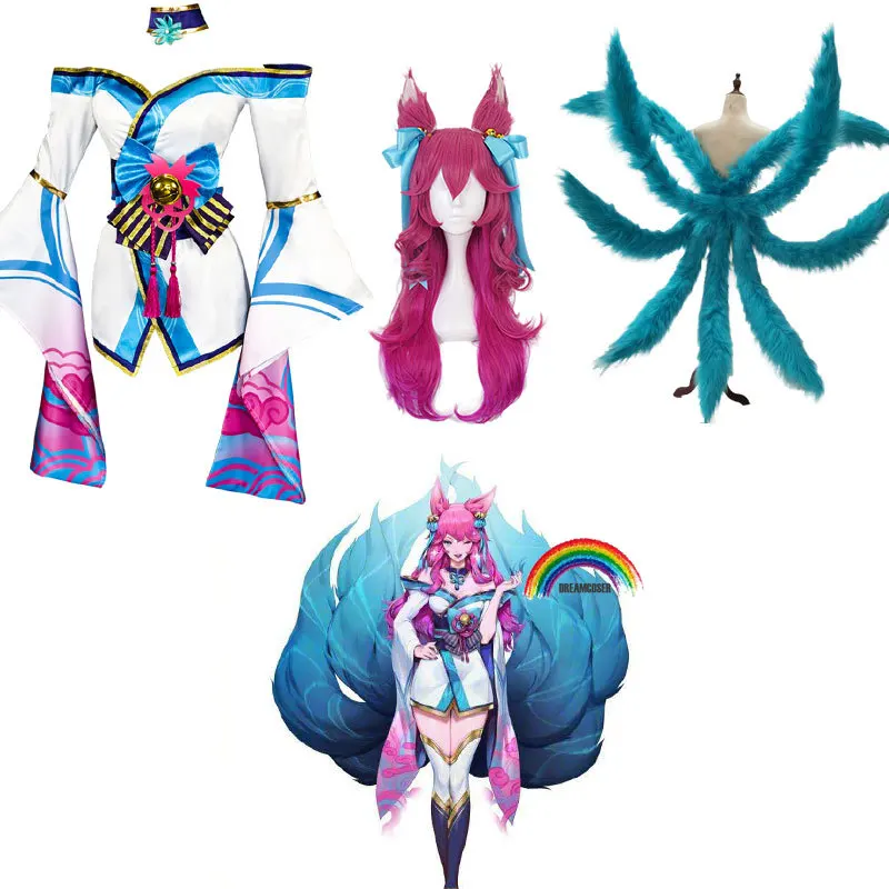 

Костюм для косплея LOL Spirit Blossom Ahri, парик с ушками, головной убор для хэллоуивечерние, костюм пятиконечной лисы, набор для Хэллоуина