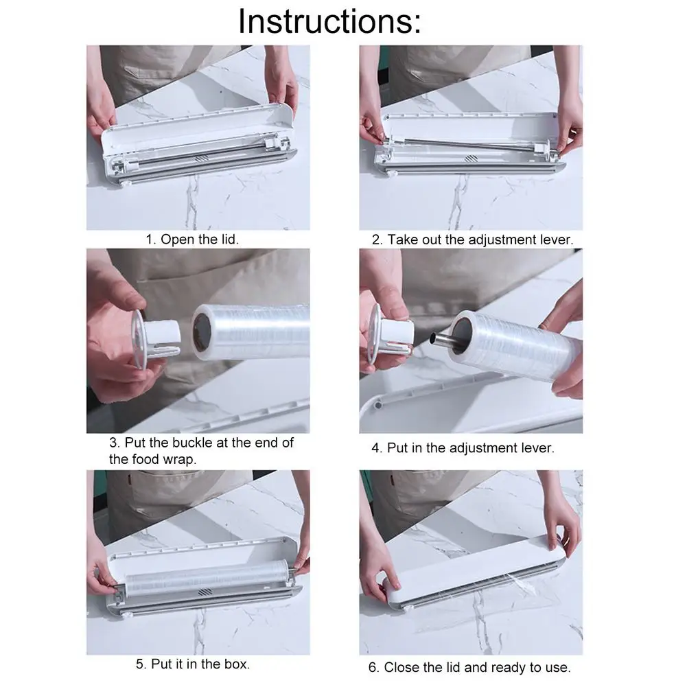

Food Wrap Dispenser With Cutter Reusable Cling Film Dispenser Kitchen Adjustable Storage Cutter Double Elastic Buckle Design