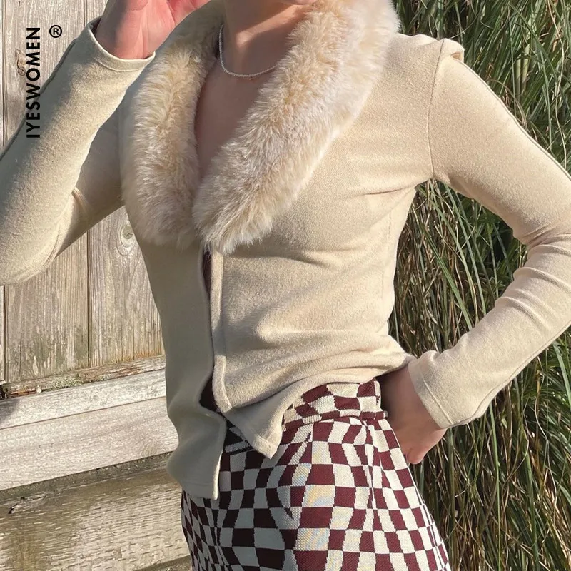 

IYESWOMEN Long Sleeve Faux Fur Trim V-Neck Sexy Crop Top 2022 Spring Women Streetwear Club Party Fashion Knit Sweater Cardigans