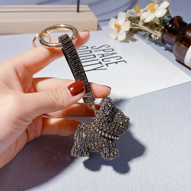 

Luxury French Bulldog Keychain Rhinestone Leather Dog Keychains for Women Cute Bag Pendant Jewelry Trinket Man's Car Key Ring