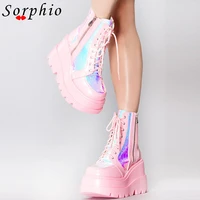 fashion platfrom wedges ankle boots women pink color changing zipper lace up design goth shoes woman casual comfort popular