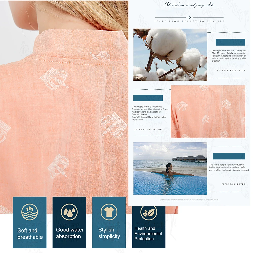 Spring Summer 100% Cotton Women Robe Double Gauze Kimono Breathable Absorbent Fashion Crown Print Night Dress Cosmetic Bathrobe