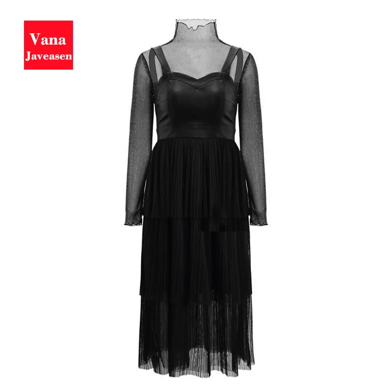 

PU Leather Patchwork Turtleneck Dress Women Party Perspective Mesh Long Sleeve A-line Dresses Sexy Black Elegant Dress Vestidos
