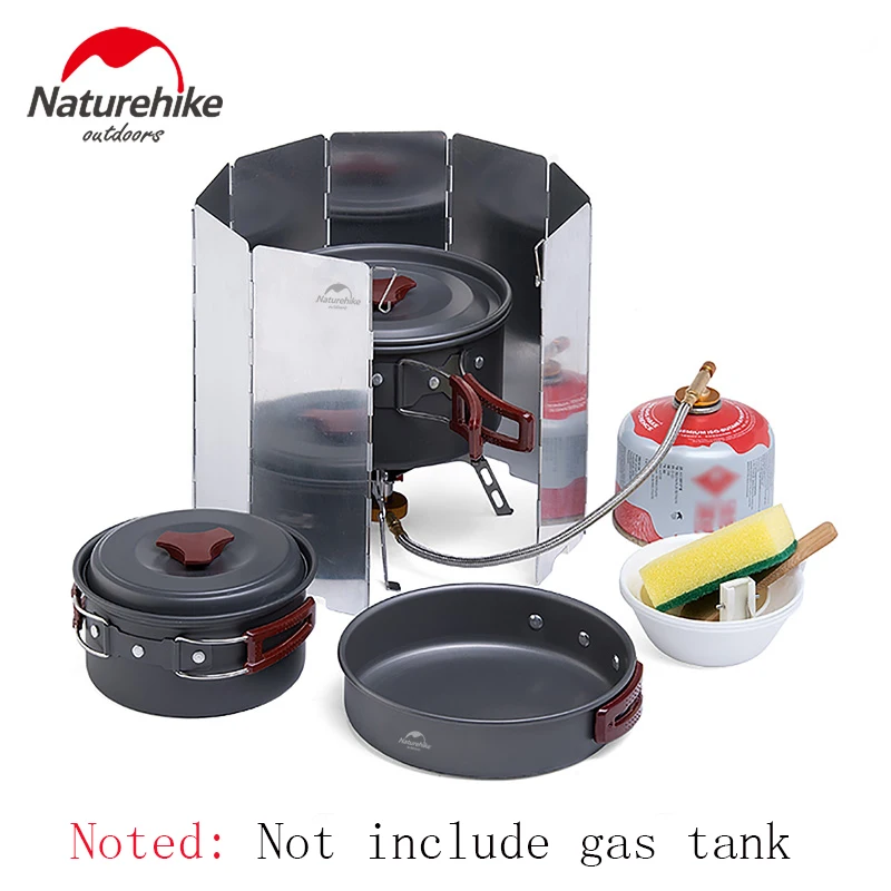 

Naturehike 2-3 Person Outdoor Tableware Camping Hiking Cookware Set Cooking Pot Frying Pan for Picnic Aluminum Alloy Windshield