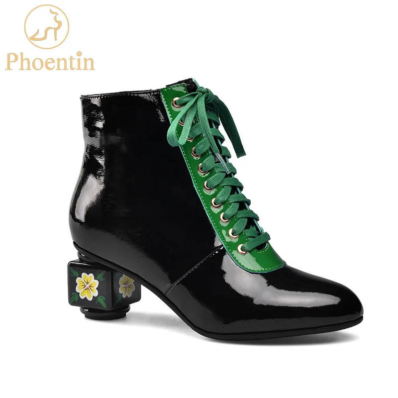 Женские ботинки из натуральной кожи Phoentin ботильоны на среднем каблуке шнуровке с