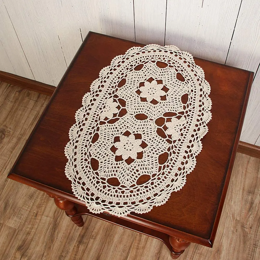 

Vintage Handmade Crochet Lace Table Runner Oval Tablecloth Place Mat Coffee Cup Pad Cotton Flower Doily Living Room Home Decor