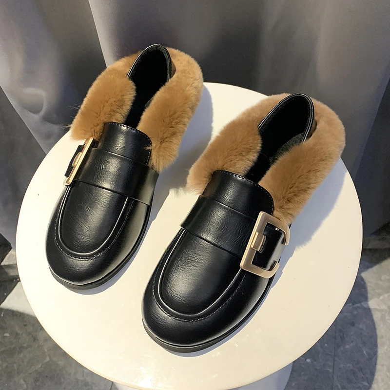 Winter mules slides outside fur slippers metal buckle flats slip-on slingback flip flops Korean casual round toe plush |