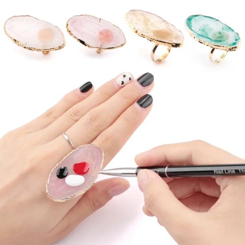1PC Colorful Resin Marble Nail Art Palette Ring Gel Polish Mixing Tray DIY Color Plate For Salon With Adjustable Finger Rings