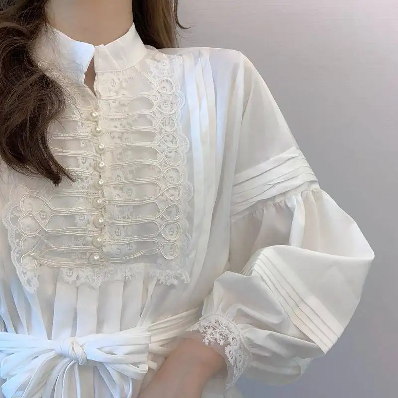 Autumn dress 2019 female very fairy French minority court lantern sleeves loose chiffon nail bead shirt skirt | Женская одежда
