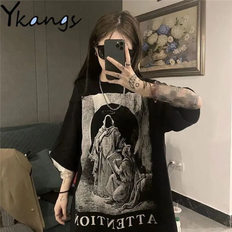 

Gothic Printing Basic Black T-shirt Female Punk Aesthetic Hip Hop Korean Fashion Streetwear Tees Summer 2021 Clothes Women Tops