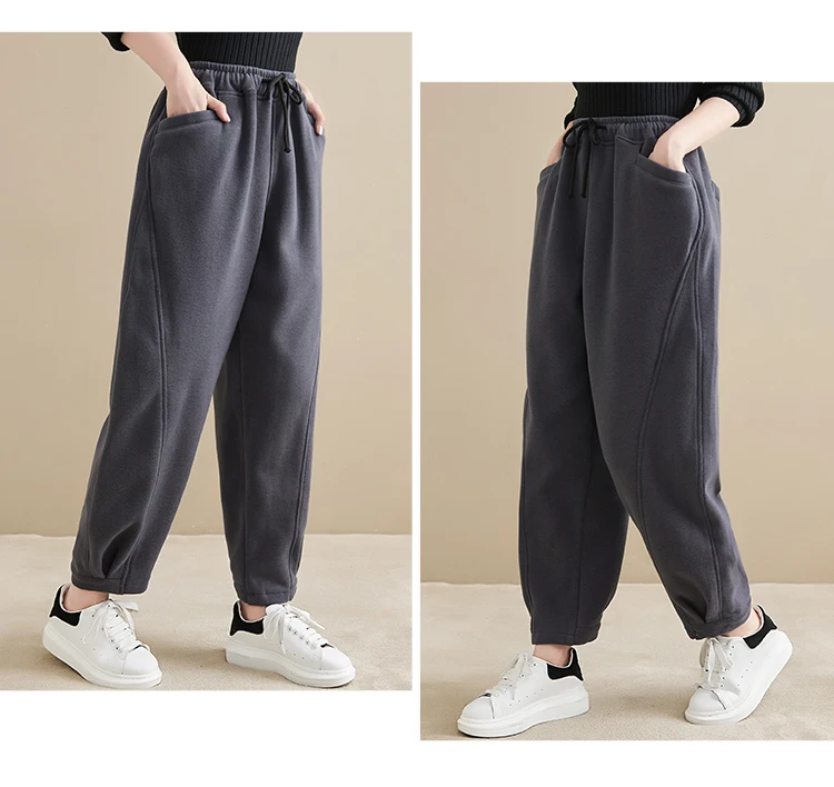 Winter New Trendy Warm Fleece Thick Oversize Loose Casual Trouser Women Solid Color Elastic Waist Versatile Premium Sweatpants