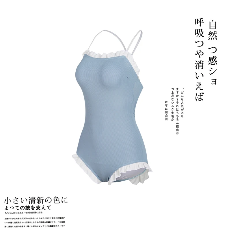 

Japanese Women Ruffle Swimsuit Princess Lolita Girls Sweet Blue Sukumizu Student Backless Swimwear Bathing Suit Beach Swimsuits
