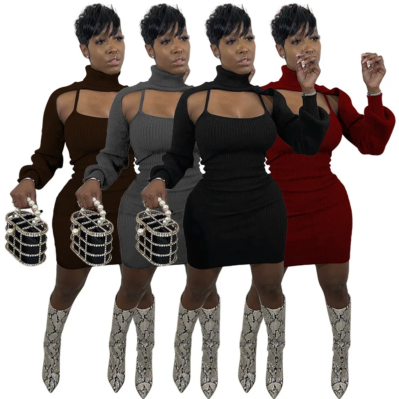

Women Set Autumn Winter Female Knitted Suit Turtleneck Long Sleeve Cropped Top and Spaghetti Strap Skinny Dress Two Piece Set