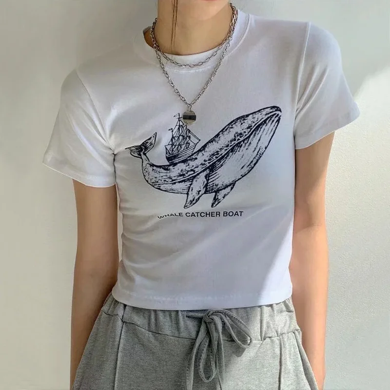 

Women Whale and Catcher Boat Print Crop Short Sleeve T-shirt A040