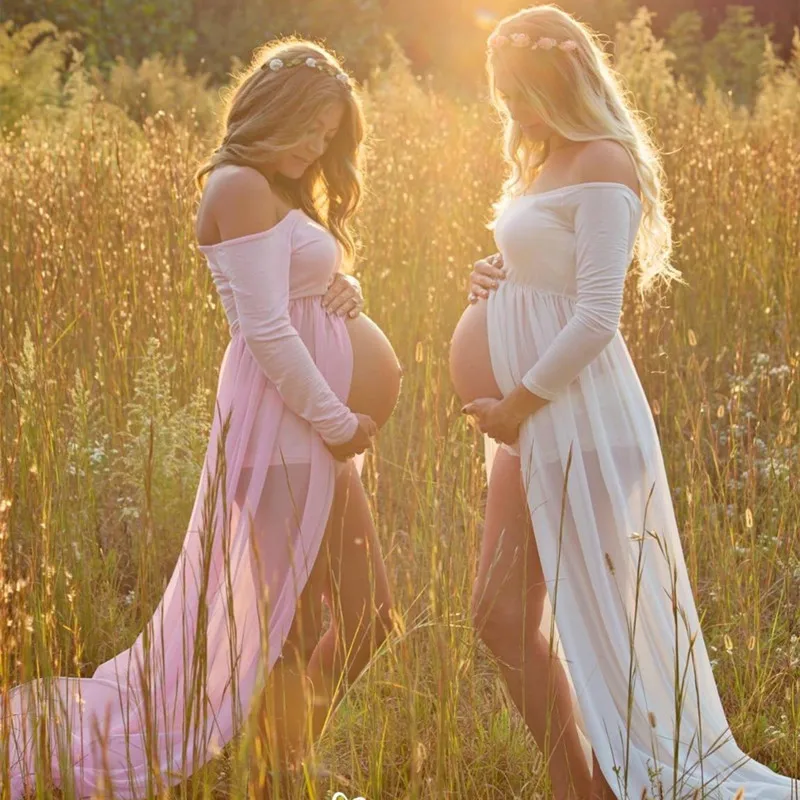 Материнства Платье для Фотосессии Макси СПЛИТ ПЕРЕДНЯЯ Шифон Сексуальная