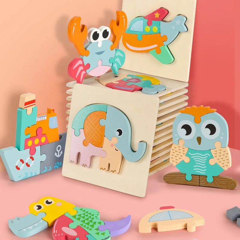 

Cartoon Animal 3D Wooden Puzzle Baby Montessori Toys Toddlers Educational Traffic Jigsaw Puzzle Set For 1 2 3 Year Old Boys Girl