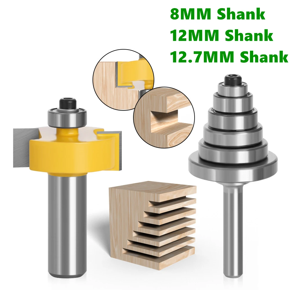 

2PCS 8mm 12MM 12.7MM Shank Rabbet Router Bit with 6 Adjustable Bearings Tenon Milling Cutter Cemented Carbide Woodworking Bits