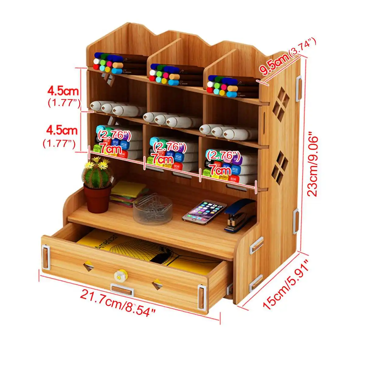 

Wooden Desk Organizer Multi-Functional DIY Pen Holder Box Desktop Stationary Home Office Supply Desktop Storage Rack with Gift