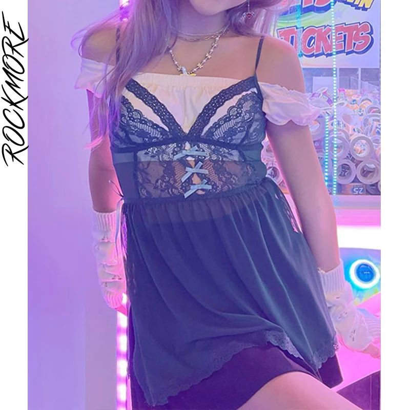 

Rockmore Sexy Party Lace Dresses Women y2k Aesthetic Bow Spaghetti Strap Mini Dress 2000s Kawaii Sleeveless Cute Mesh Dress