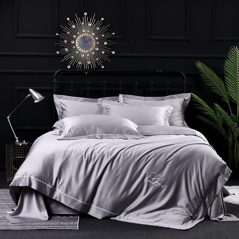 4pcs Home Textile silk tencel bedding set embroidery bed sheet duvet cover Fitted Bed Flat king queen size | Дом и сад