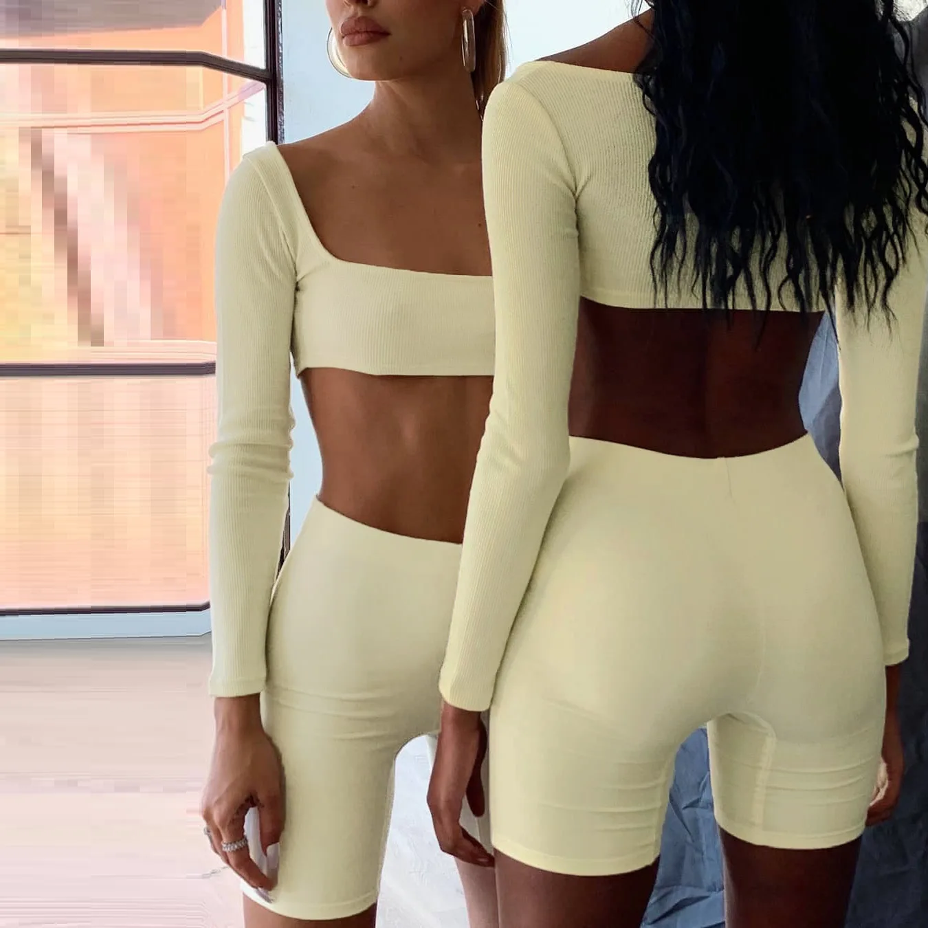

Ribber Two Piece Set Summer 2020 Long Sleeve Crop Top And Black Shorts Biker Women Set Sport Women Set Sexy Outfits