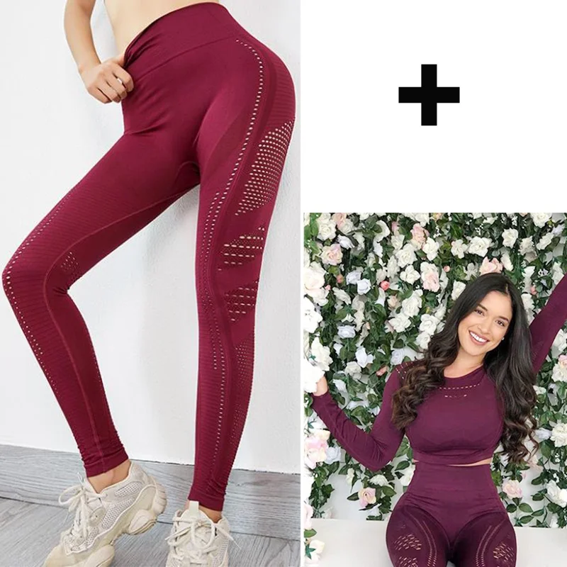Wine Red Suit Женские Бесшовные штаны для йоги, высокая талия, Спортивные Леггинсы, для спортзала, фитнеса, тренировок, полые длинные колготки для бега, для девушек, сексуальные S-L - Цвет: Wine Red Suit