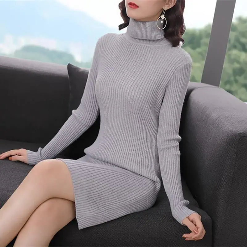 Осень Зима Vrouwen Твердые Lange Mouwen Trui Jurk Bodycon Coltrui плюс размер мини | Женская одежда