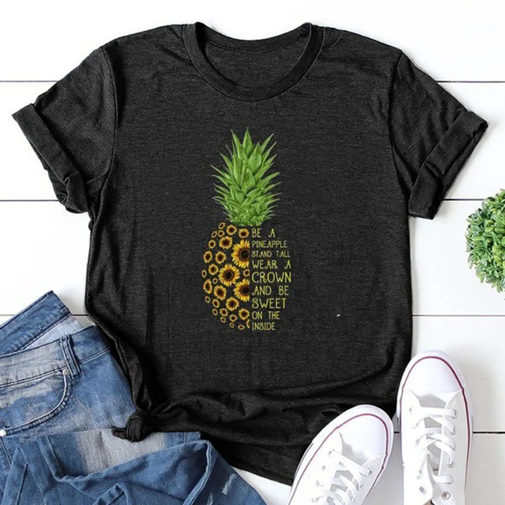 

Sunflower pineapple T Shirt Women Short Sleeve Tshirts Cotton Women O-neck Loose Tee Shirt Femme Black White Camisetas Mujer Top