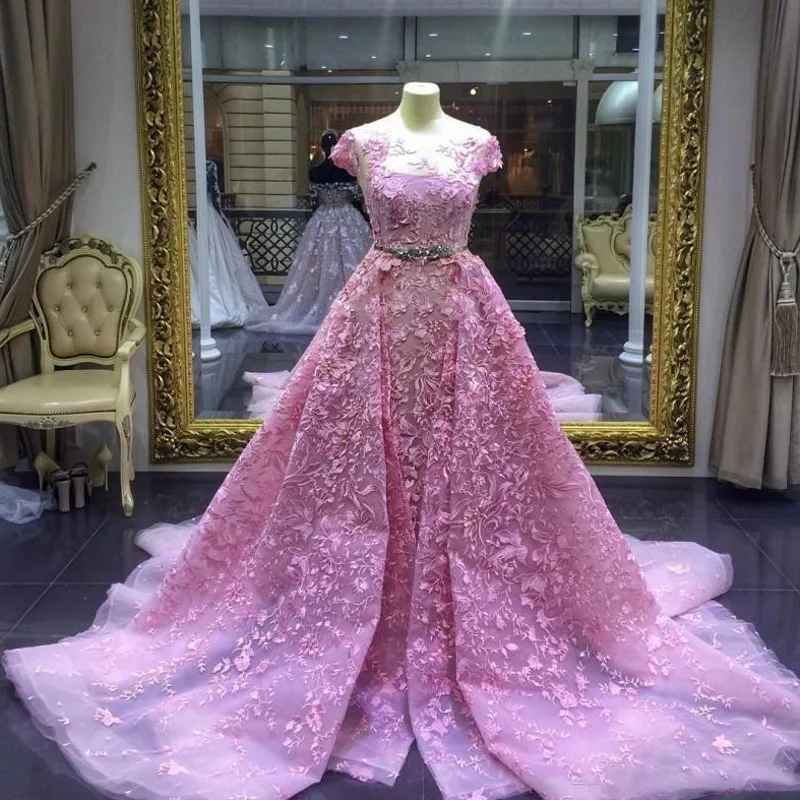 Luxury Pink lace Cap Sleeves Bridal gown Tailor-made mermaid Sweep Train Saudi Arabia Evening gown with pearl belt Sheer neck