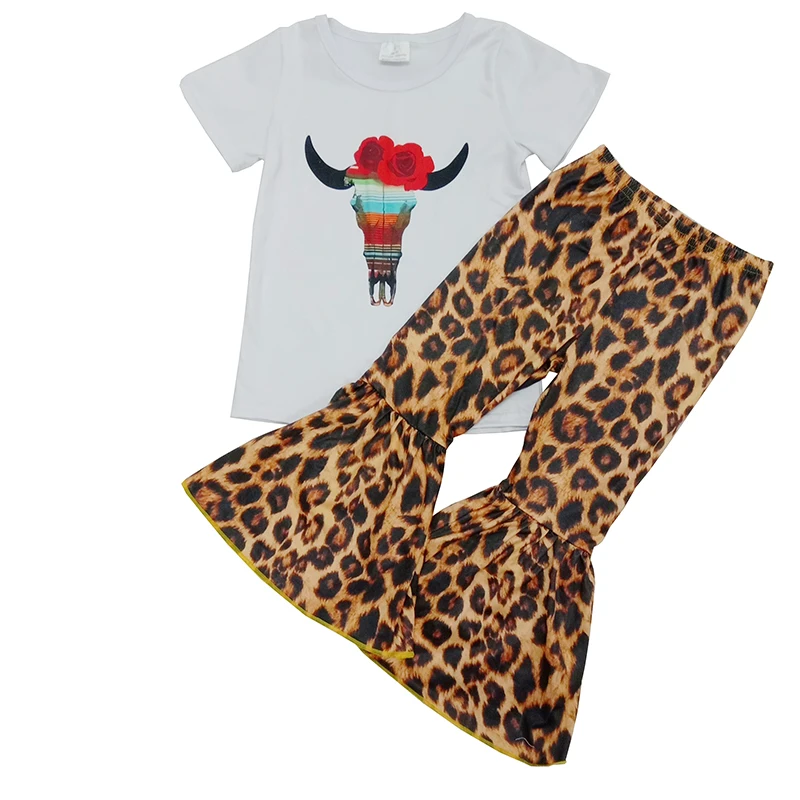 

Infant Toddler Girls Clothing Summer New Short Sleeve Cow Print Clothes Set Leopard Bell Bottom 2 pcs Boutique Outfit Kids Wear