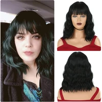 natural black womens wigs with neat bangs medium ombre wavy bob heat resistant wig for women cosplay
