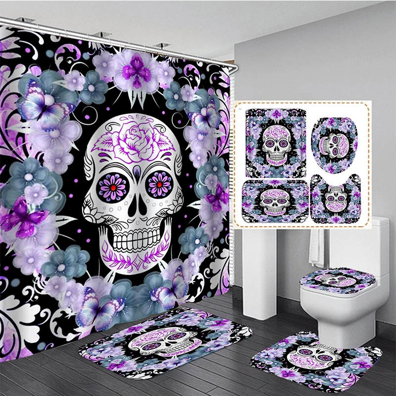 skull print black shower curtains in the bathroom curtain accessories set with bath mat carpet bathtub home halloween decor free global shipping