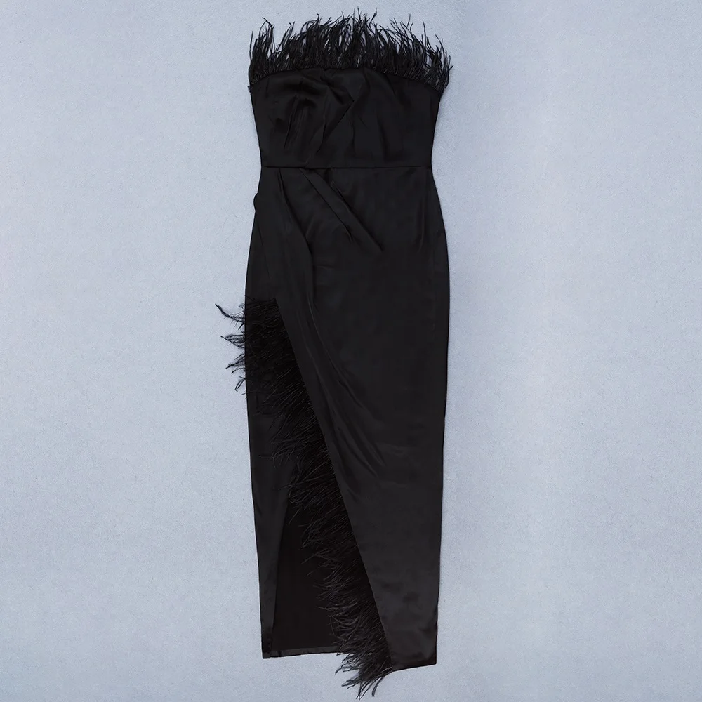 HQBORY Women Bandage Dress Sexy Black Feather Strapless Long Maxi Club Vestidos Elegant Celebrity Runway Party | Женская одежда