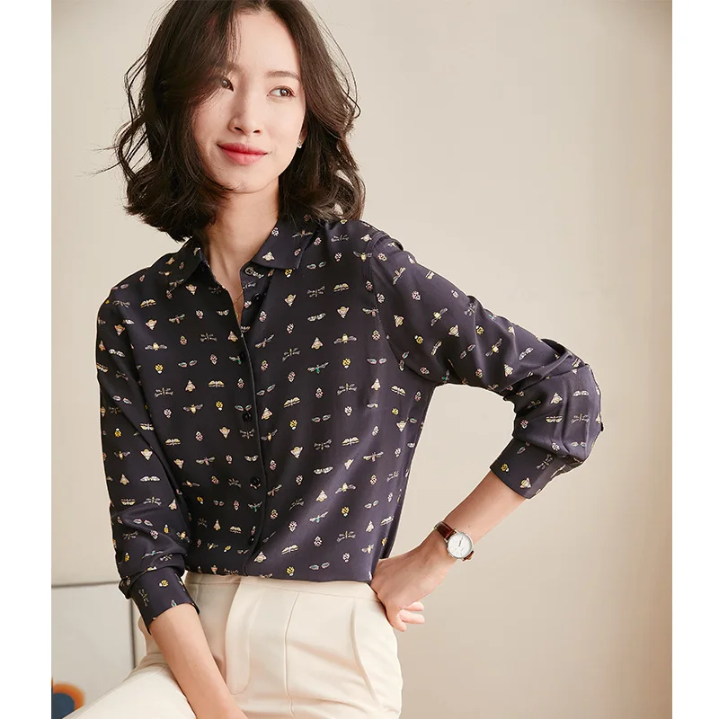 

High-end women's heavy silk shirt female 2020 spring new foreign-style printed 100% pure silk blouse shirt