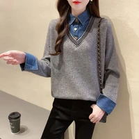 fake two piece stitching denim shirt collar sweater women 2021 autumn and winter new fashion knitted loose pullover top