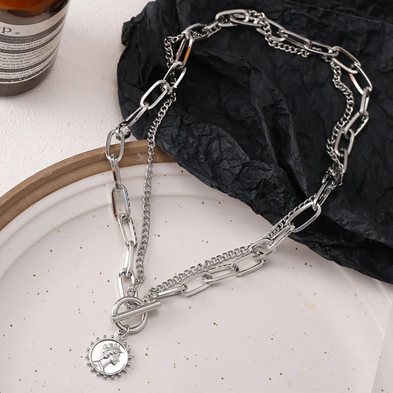 

Trendy Gold Silver 2Colors Carved Portrait Coin Pendant Necklace For Women Punk Multilayer Chain Choker Necklace