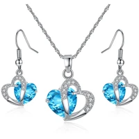 blue aquamarine gemstone drop dangle earrings pendant necklace set for women heart crystal jewelry white gold color diamond gift