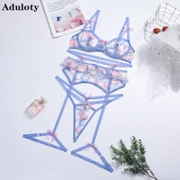 aduloty new women hollow out seductive underwear blue embroidery flowers bra thong garters 3 ps summer sexy erotic lingerie set