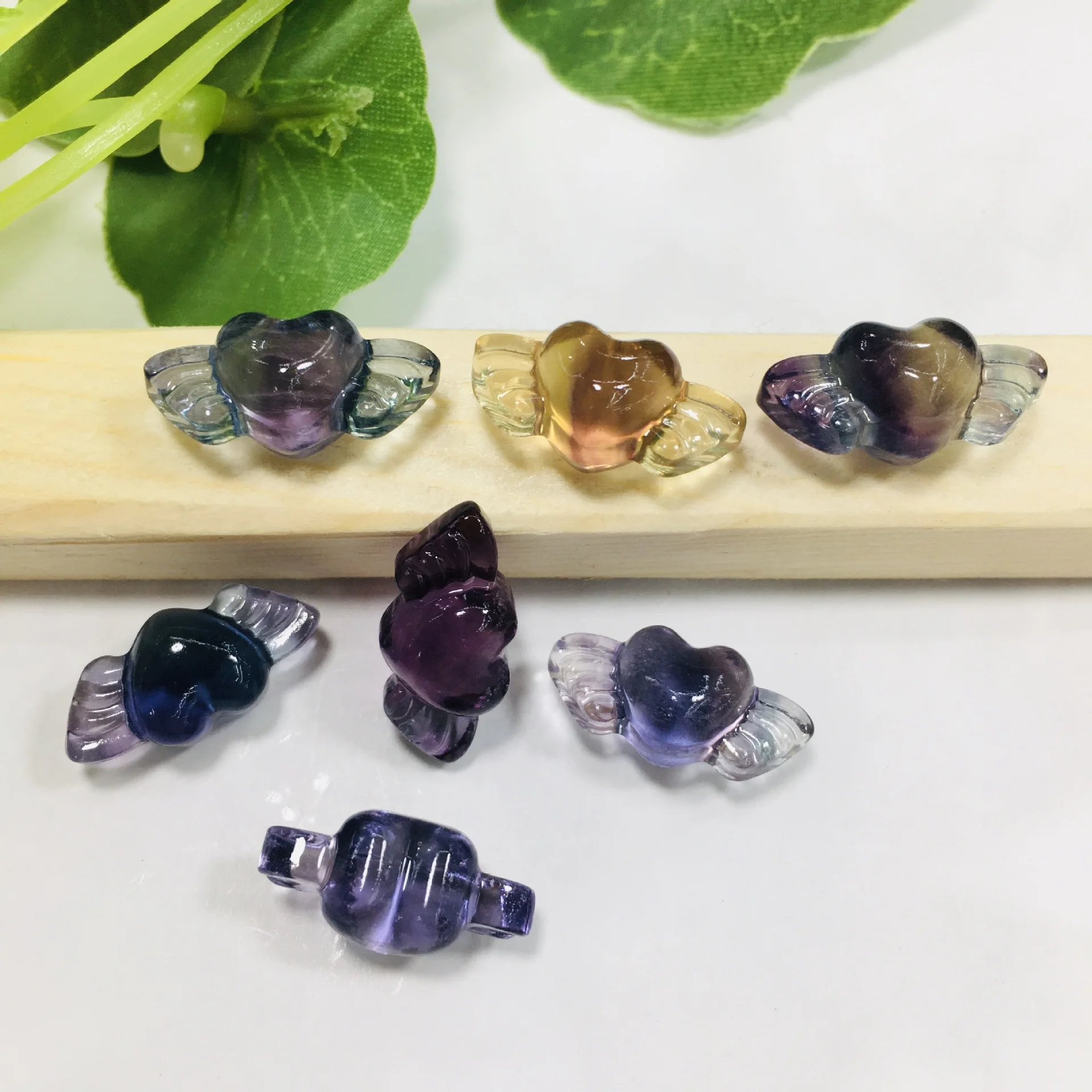

10PCS Natural Color Fluorite Crystal Carved Love Heart Wing Pendant Beads Charm healing gemstone jewelry accessories
