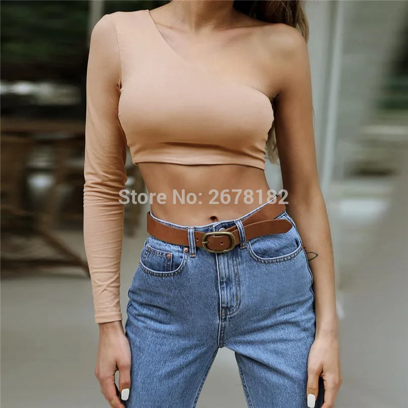 Женская футболка на одно плечо с глубоким вырезом сексуальная однотонная