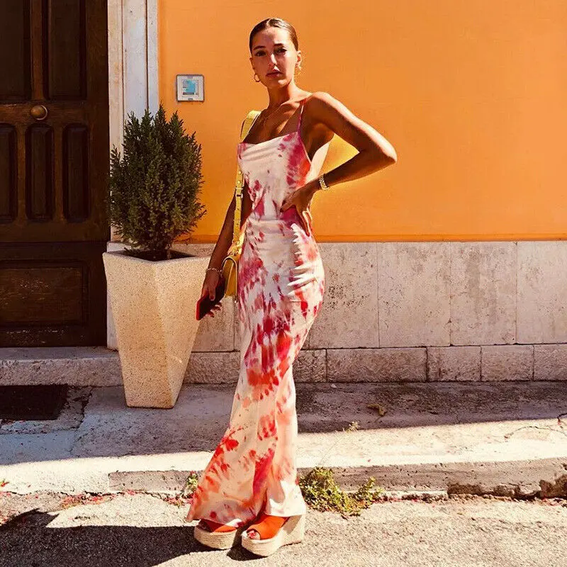 Женское атласное шелковое бандажное платье макси с открытой спиной и V образным