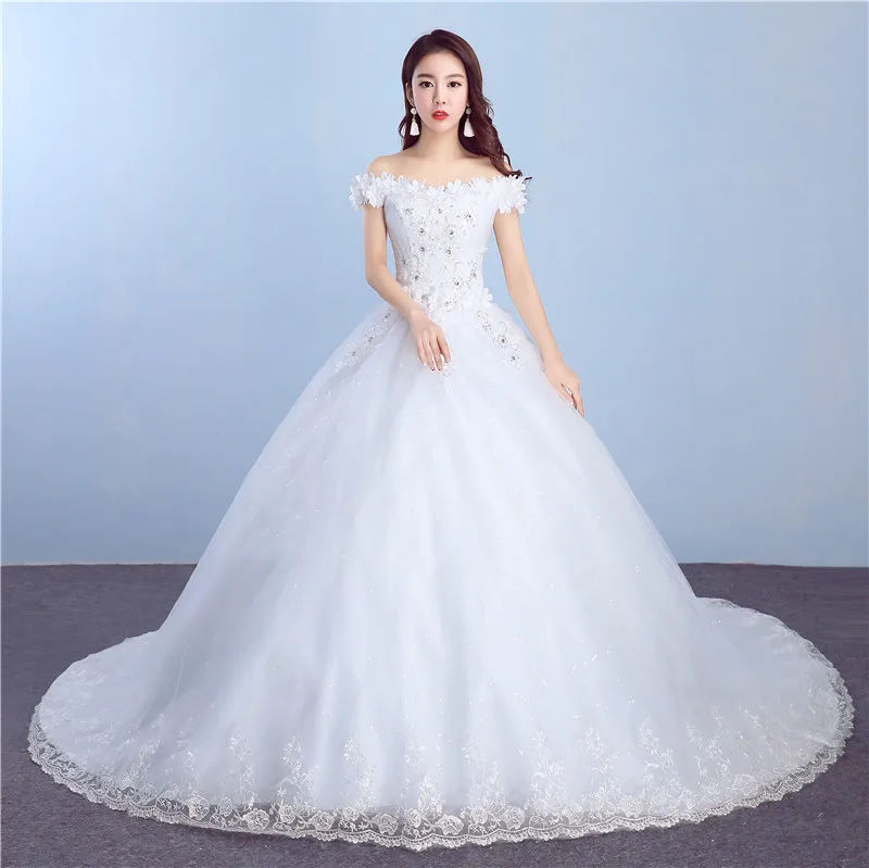 

Plus Size Long Train Wedding Dresses Princess Lace Flowers Ball Gown Of The Shoulder Elegant Bride Dresses Luxury Wedding Gowns