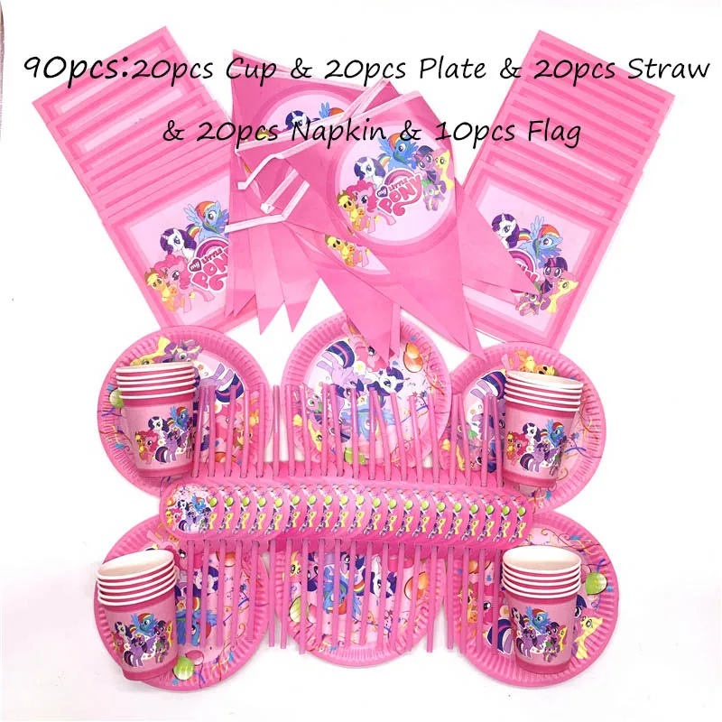 BeiPanXiQiZhi-90pcs 61 шт./лот, одноразовые столовые приборы в стиле My Little Pony, кружки, тарелки, салфетки, детские скатерти для украшения дня рождения - Цвет: BeiPanXiQiZhi-90pcs