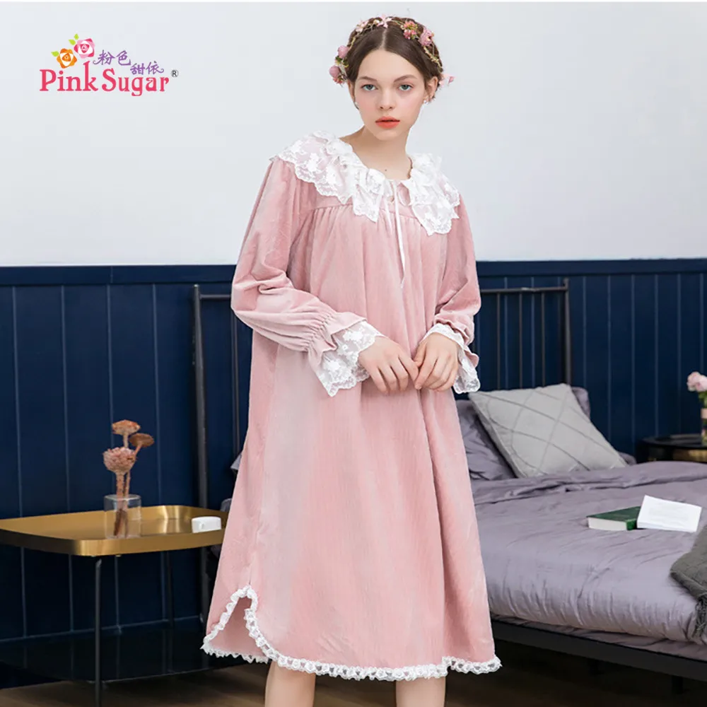 New Pink Sweet In Autumn and Winter Flannel Women's Nightdress Lovely Embroidered Long Sleeve Palace Retro Home Wear Women Dress