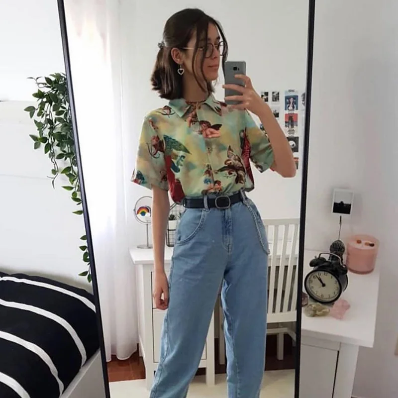 

Vintage Aesthetic Cupid Angel Print Women' Blouse Shirt Cardigan Short Sleeve Summer Top Graphic Blouse Women Clothes 2021 New