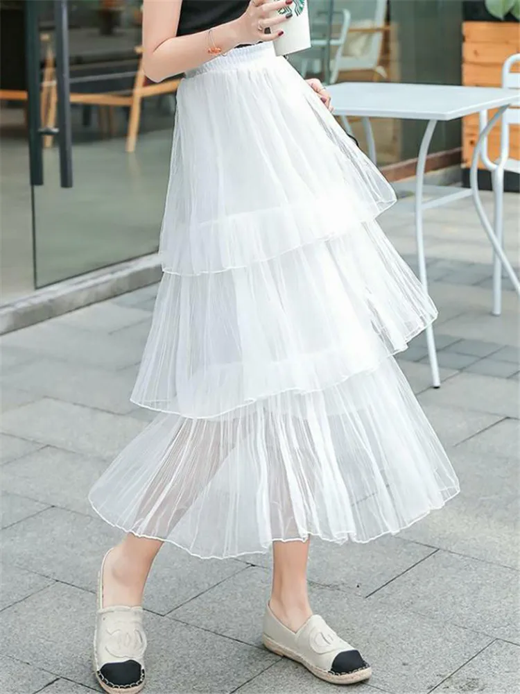 

2020 Spring and Autumn New High Waist White Multi-level Cake Pink Skirt Women Fashion Chiffon Black Mesh Pleated Skirt