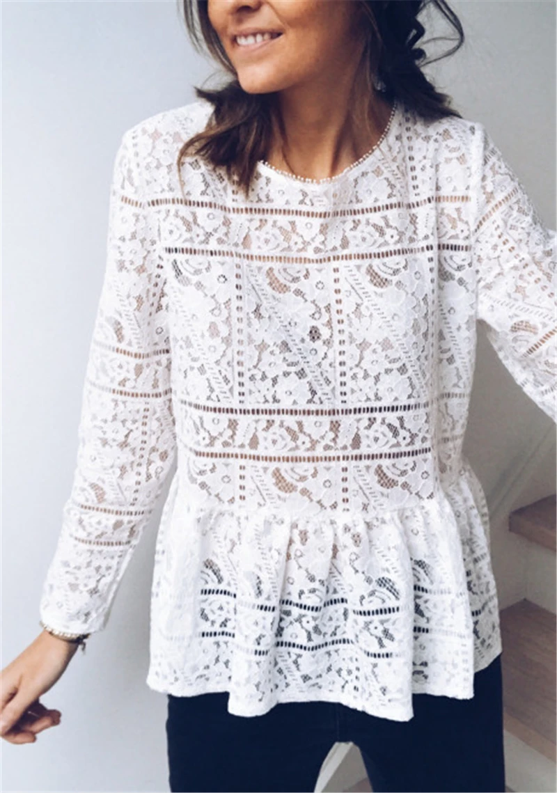 

Women Boho Beach Holiday Summer Loose Casual Chiffon Lace Ruffled Embroider White Tops Femme Ladies Mesh Blouse Female Clothes