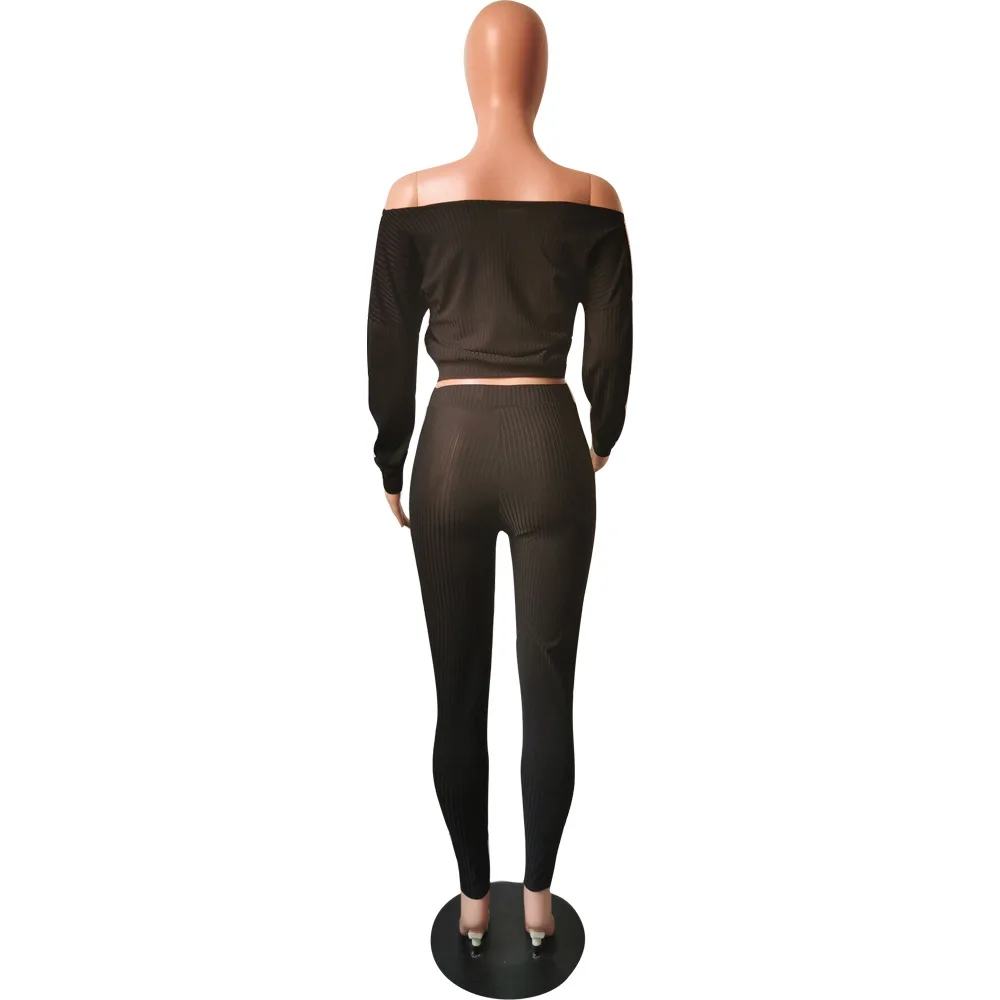 

Autumn Knit Solid Women's Set Off Shoulder Long Sleeve Sweater Pencil Pants Suit Elegant Two Piece Set Tracksuit Outfit 2019