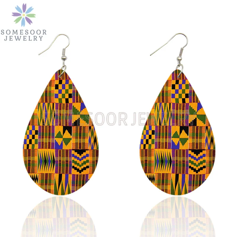 

SOMESOOR Afro Fabric Style Bohemian Wooden Drop Earrings African Tribal Ethnic Design Printed Teardrop Pendant Dangle For Women