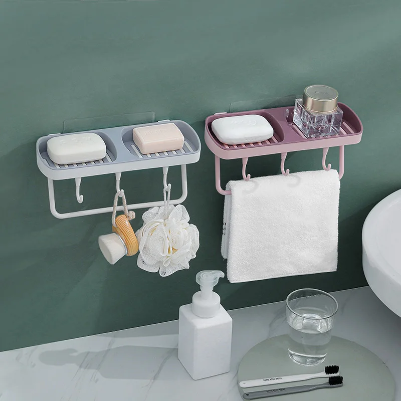

Bathroom Shelf Plastic Wall Mounted Towel Storage Holder No Drilling Creative Shmpoo Sundries Rack Home Bathroom Accessories